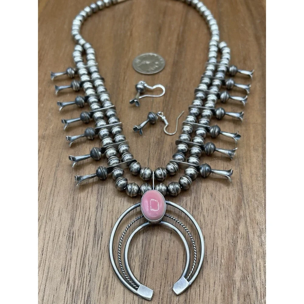 Native American Navajo Handmade Sterling Silver Pink Conch Squash Blossom 18” - Picture 5 of 8